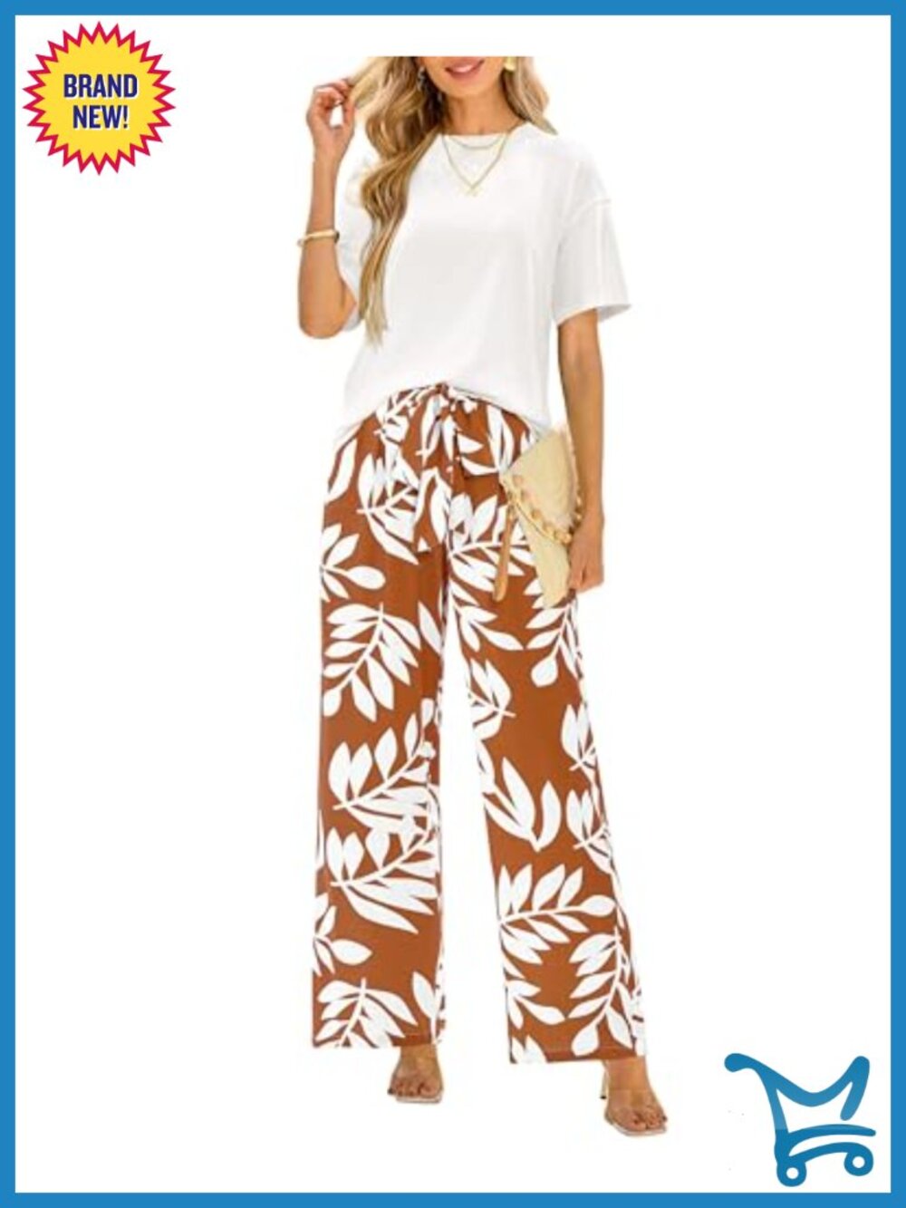 Women's 2 Piece Floral Pant Set Short Sleeve Knit Top Wide Leg Pockets